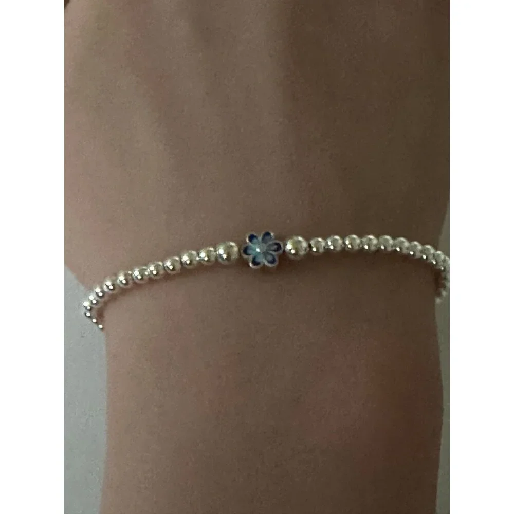 925 Sterling Silver Stretch Stacking Bracelet Blue Flower Charm Minimalist - Picture 2 of 4